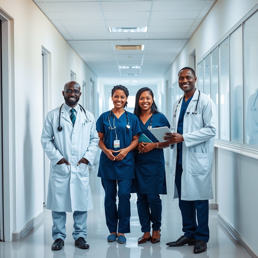 Healthcare workers in a bright hospital corridor