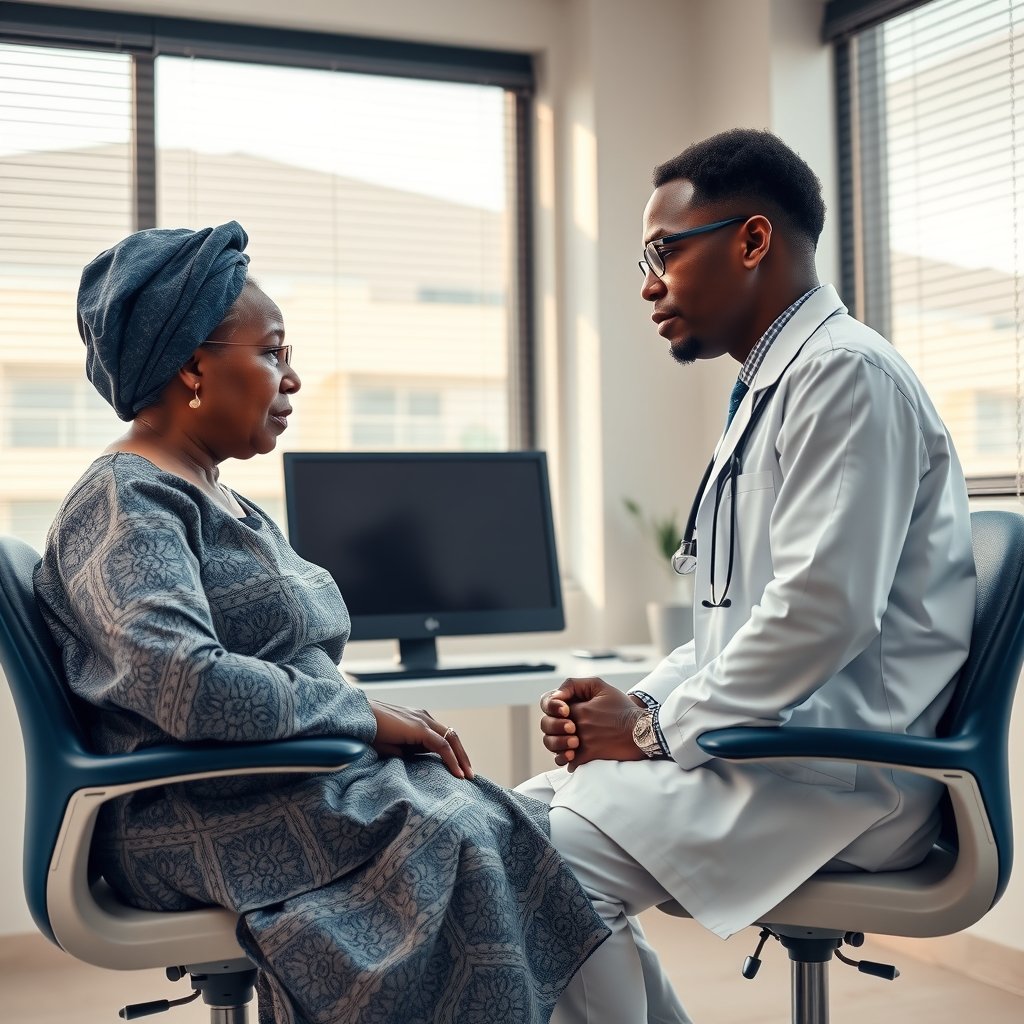 A doctor in a consulting room listening to a patient