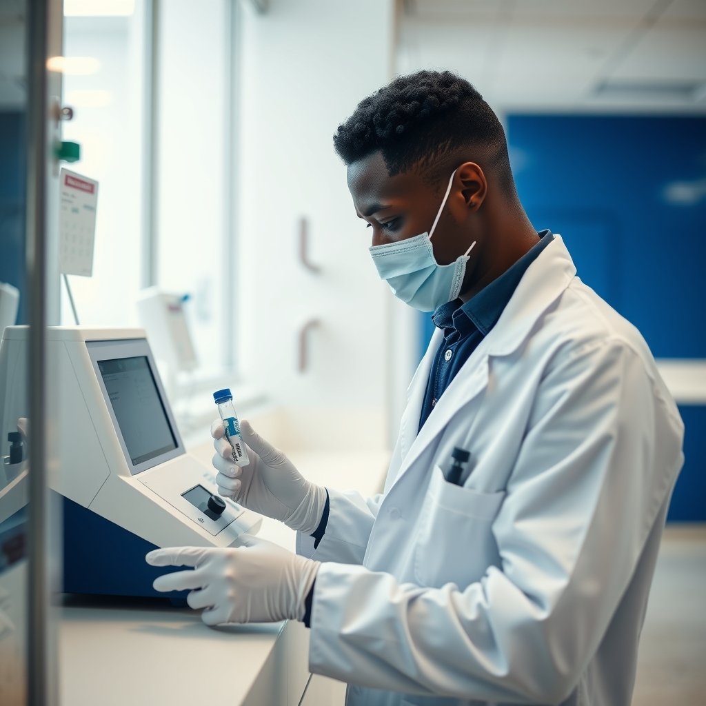 A laboratory scientist loading a sample into an analyser