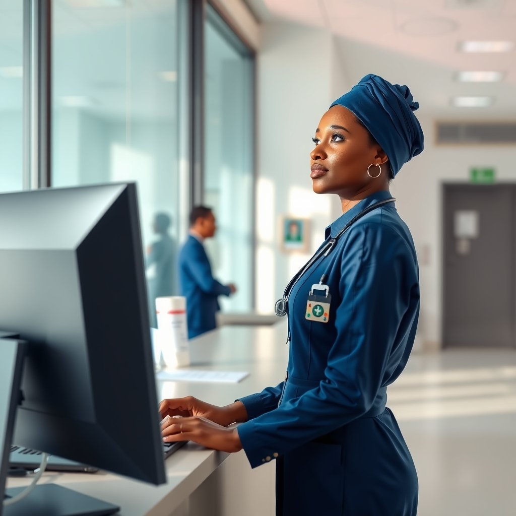 A receptionist at a modern hospital front desk