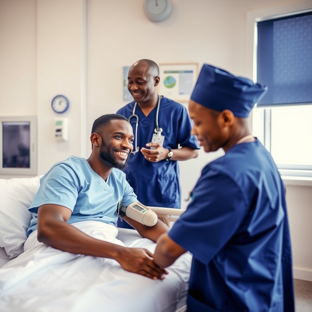 A nurse taking a patient's blood pressure on a bright ward